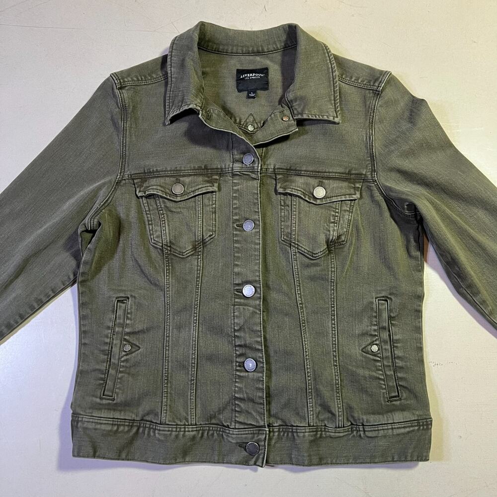 Liverpool Los Angeles Olive Denim Jacket Women L Stretch Trucker Utility Green